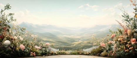 Lush Garden Border on Stone Overlook With Mountains and Cloudy Sky. White Picket Fence with Flowers Framing Vista. Peaceful Outdoor Gardening Scene. photo