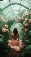 Woman sits in beautiful flower garden. Flowers surround greenhouse. Lush leaves create natural arch. Serene scene displays nature's beauty and peaceful gardening. photo