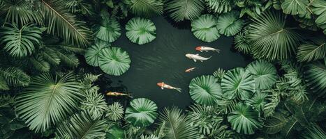 Koi fish swim in pond surrounded by lush green foliage and large lily pads. Calm water reflects the surrounding nature. Peaceful garden scene for gardening. photo
