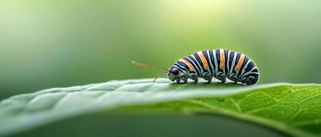 Striped caterpillar crawls on green leaf. Insect with orange and dark bands rests. Nature background with smooth backdrop. Focus on small bug on foliage. photo