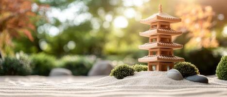 Miniature Tower Decoration Stands on Sand With Bushes Rocks at Sunrise. Serene Garden scene, Gardening photo