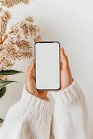 Hands hold blank screen device. Cyber security awareness concept. Neutral colors, cozy sweater, dried plant, simple background. photo