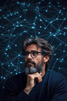 Bearded individual contemplates cybersecurity before bright data web. Person considers awareness solutions on a dark background showing digital network. photo