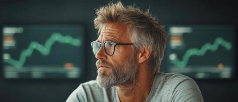 Pensive individual examines graphs. Monitors display charts. Awareness concept. Digital cybersecurity protection theme backdrop. photo
