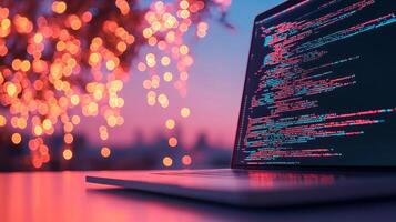 Laptop displays running code. Cybersecurity is important. Blurred lights in background give awareness of digital security. Information technology showing programming concept. Data safety photo