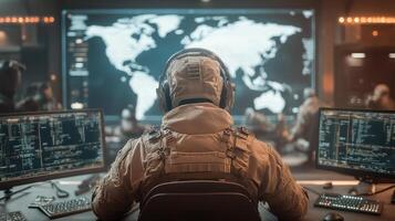 Person watches screen with world map. Data security shown on monitors. Room dark. Awareness Cybersecurity concept. photo