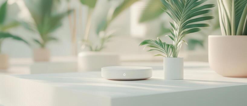 White device sits on a platform among small plants. Soft light shines on the scene. Potted green plants add calm to the setting. photo