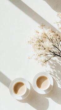 Two cups with liquid on white table. Plant branches, soft light and shadows. Coffee in ceramic cups on plates, flat lay design. photo