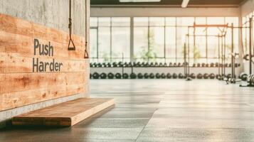 Fitness Area with Dumbbells and Training Equipment near Bright Window. Text Push Harder on Wooden Wall. Fitness Motivation for Health. photo