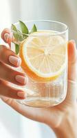 Hand Holds Clear Glass With Lemon Slice and Mint Leaves Inside Clear Bubbling Liquid For Health And Fitness Lifestyle photo