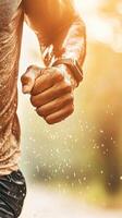 Sweaty Muscular Arm Fisted During Intense Fitness Activity Showing Health Results With Water Droplets photo