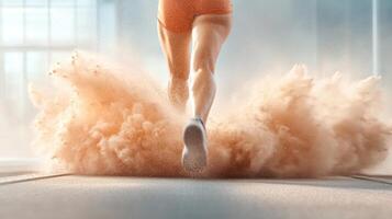 Athlete Running Forward Kicking up Dust Cloud on Track in Bright Studio. Legs in Motion for Health and Fitness Concept photo