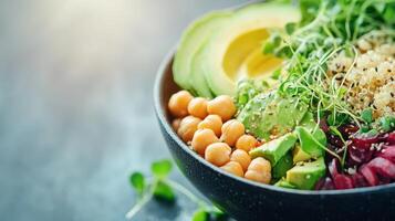 Healthy Bowl with Avocado Chickpeas Sprouts Quinoa and Beets for Fitness meal on Dark Surface Health focus photo