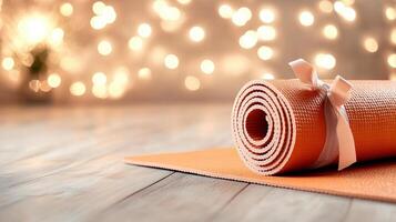 Orange Mat Rolled with Bow on Wooden Floor with Light Background for Health and Fitness photo