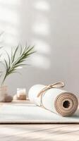 Rolled exercise carpet rests indoor. Wellbeing, health, fitness concepts on light wooden floor. Green plant, candle, rocks near white background with shadows. photo