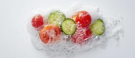 Sliced tomatoes and cucumbers in bubbles. Fresh raw vegetables being washed. Healthy food ingredients. Fitness concept. Clean eating preparation for diet. photo