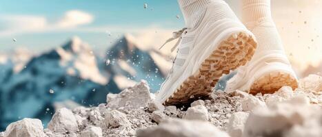 Athlete footwear steps on rough mountain terrain. Health and Fitness concept. Exercise walking toward snow covered mountain peak. Active lifestyle movement for wellness. photo