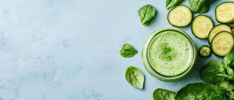 Green Smoothie Filled Glass. Spinach Leaves Beside Fresh Cucumber Slices. Bright Drink Represents Fitness. Table with Health Focus. Copy space on left photo