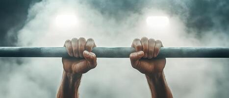 Strong hands holding metal bar during workout. Fitness concept in gym with smoke background. Sport and health activity. Arms training, exercise for body strength. photo