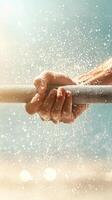 Grip tightens on bar with water splash. Hands and rod during workout. Health and Fitness activity. Blue sky background. photo