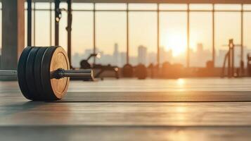 Barbell weights sit floor Inside modern fitness center during bright sunset. Promoting Health Fitness. Gym background with cityscape. photo