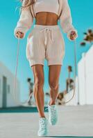 Woman jumps rope outside, working toward health. Light clothing fitness regime against blue sky. Female doing exercise for well being. photo