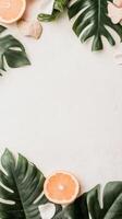 Fresh Grapefruit Slices and Green Monstera Leaves Arranged on a Bright Surface, Wellness and Wellbeing, Natural Healthy Diet, Space for Text photo