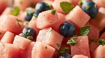 Close view of Watermelon cubes with Blueberries and Mint. Focus on Fresh Fruits for Health and Fitness concept. Balanced diet. photo