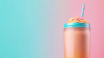 Peach drink with topping in mason jar, turquoise lid and straw on pink teal gradient background. Health and Fitness concept. photo