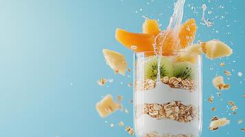 Healthy Fruit Parfait in Glass with Yogurt and Granola Pieces. Water Splashing on Mango and Kiwi. Fresh Food Preparation for Wellness and Fitness photo