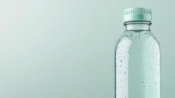 Clear Glass Container Filled with Liquid. Water Droplets Cover Surface. Pastel Green Top. Idea of Health. Concept of Fitness photo