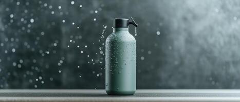 Green Bottle Sprayed with Water Drops for Health and Fitness on Dark Background. Fresh Hydration Concept for Active Lifestyle. photo