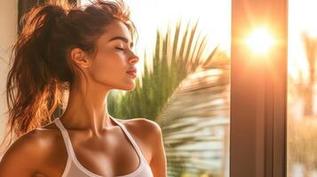 Relaxed woman stands near window with sunlight. Close up view. Concept of Health and Fitness, wellness lifestyle and mindfulness photo