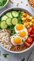 Wellness Bowl Displaying Fresh Cucumbers Yellow Cubes Two Sunny Eggs Juicy Red Tomatoes Parsley Grains on White Marble Surface Showcasing Health Fitness photo