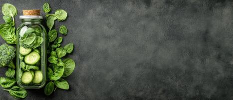 Green vegetables fill glass bottle. Spinach leaves, broccoli pieces, and cucumber slices are around. Dark textured surface shows space. Healthy food concept. photo