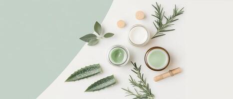 Spa concept with plant extract. Cosmetic products with natural leaf ingredient. Cream bottles displayed with aloe and herb elements on two tone table photo