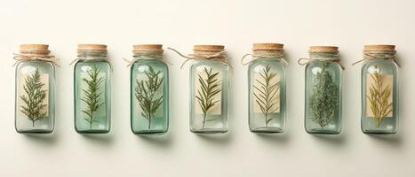 Row of glass bottles holds diverse green plants. Cork lids, twine tie each bottle. Simple paper labels accent botanical specimens displayed against white surface. photo