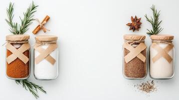 Assorted spices in glass jars with paper labels sit on a white background, garnished with rosemary sprigs and star anise. photo