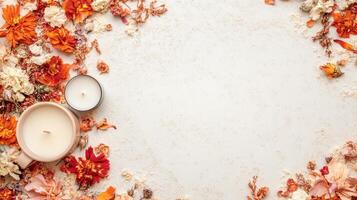 Candles and Dried Flowers lay flat forming a border on a clean light surface, creating an open space. photo