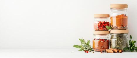 Glass jars holding various seeds and spices stacked on white wooden surface with herbs against a bright neutral backdrop photo