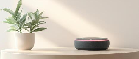 Plant sits beside a device. Light casts a shadow on neutral background. Cybersecurity Awareness concepts shown simply. photo