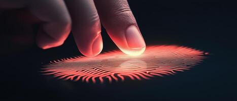 Finger touching digital fingerprint. Red light on secure access control. Cybersecurity Awareness concept. Technology scanning identification for safety. photo