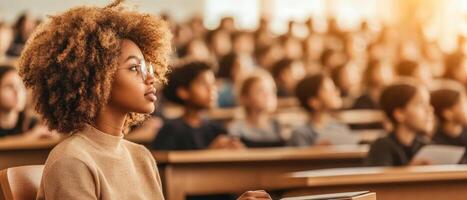 Focus on Cybersecurity Awareness showing student attentively listening in large classroom environment during lecture with warm sunlight and many attendees photo