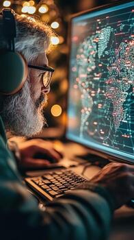 Man with Headphones Works on Computer Displaying World Map. Lights glow in Background. Cybersecurity Awareness Displayed. photo
