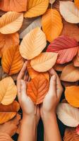 Woman holds one bright orange leaf above many colorful autumn leaves in her hands on a dark surface photo