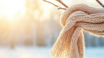 Wool scarf hangs on a small branch in winter sunlight, showing snow and a blurred background of trees on a bright day. photo