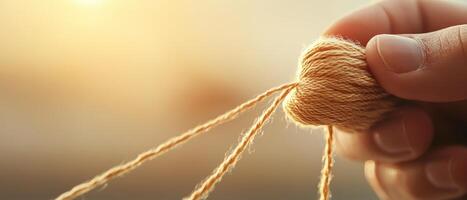 Hand holds small ball of twine. Threads extend outward. Warm sunlight and soft focus create inviting scene. Crafting and creation concept. photo