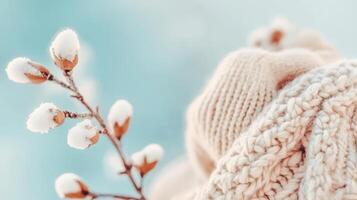 Willow branch shows small buds covered in snow. Wool glove keeps hands warm on cool blue sky background in soft winter light. photo