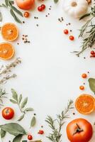 Tomatoes oranges garlic and herbs lie on white surface. Cooking ingredients are displayed. Food items create a frame around blank space. photo