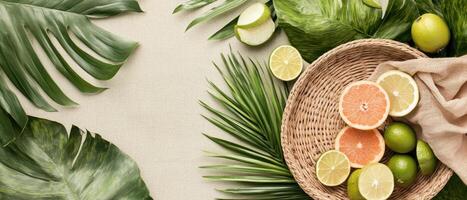 Tropical leaves border fresh citrus fruit slices inside woven basket on light sand background. Greenery and summer food arrangement. photo